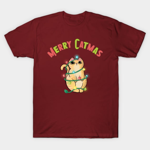 Merry Catmas Orange Tabby Cat wrapped in Christmas Lights T-Shirt by xenotransplant